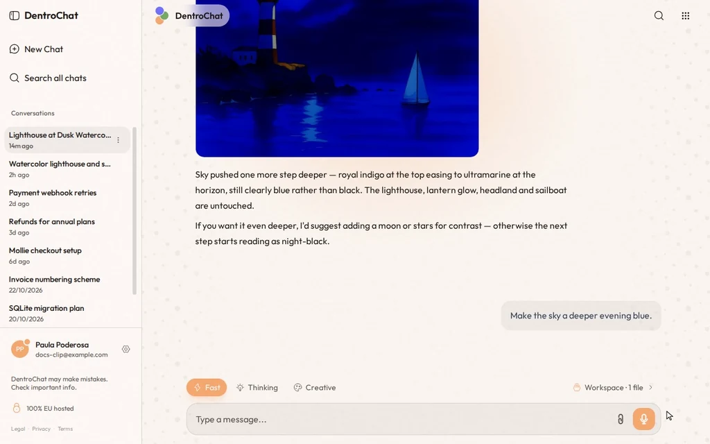 A cursor types a change to a generated picture and sends it. The sent message stays visible for a moment, then DentroChat shows Editing image and the edited picture appears in the reply.