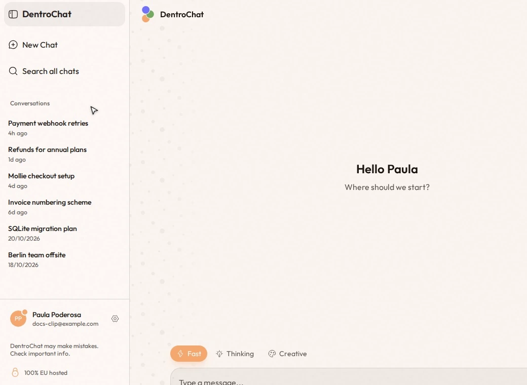 A cursor opens Search all chats in the sidebar and types payment. One chat title and six message excerpts appear.